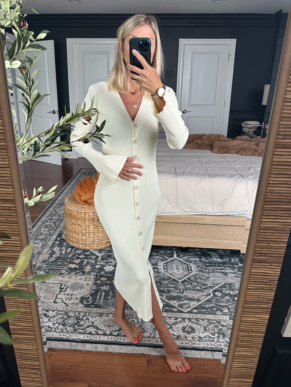 A NEW DAY Ribbed Button-Front Midi Dress in Cream Bell Sleeves XS